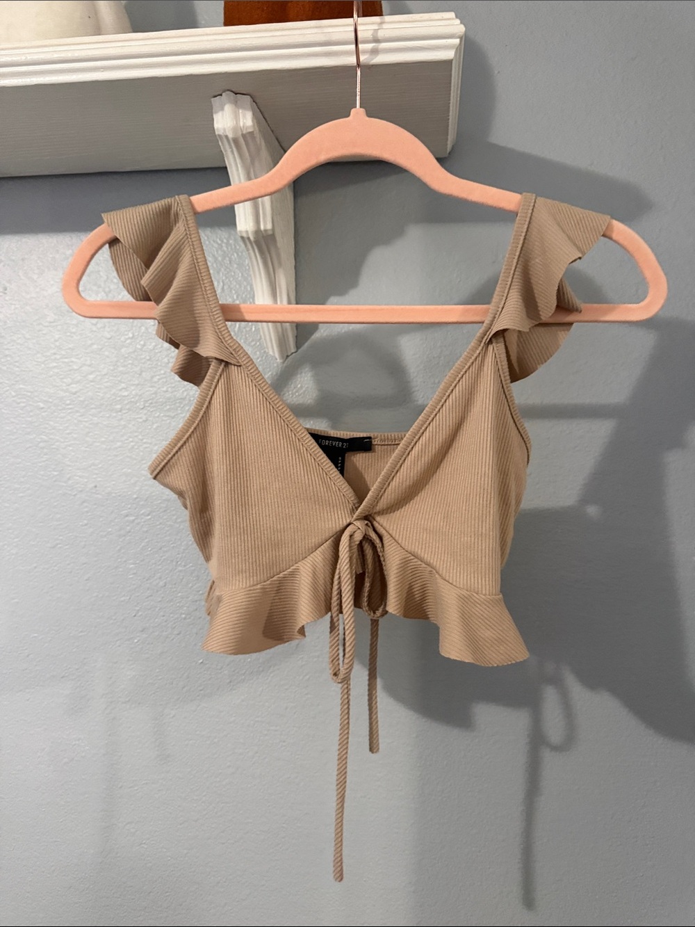 Forever 21 Beige Ribbed Tie-Front Ruffle Crop Top